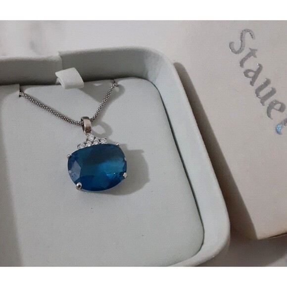 Vintage STAUER Sterling Eternal Hope 15CT Blue & CZ Pendant With 20” Chain - Picture 3 of 16
